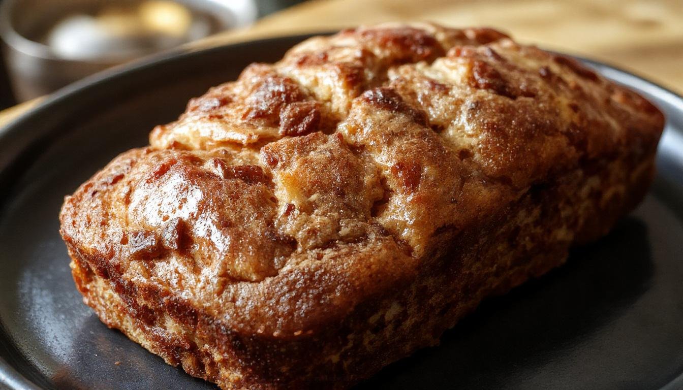 A warm, golden-brown loaf of cinnamon swirl banana bread sliced open to reveal a generously swirled cinnamon filling inside, with a soft, moist crumb. The loaf rests on a rustic wooden surface, with a few banana slices and a sprinkle of cinnamon nearby, evoking comfort and homemade warmth.