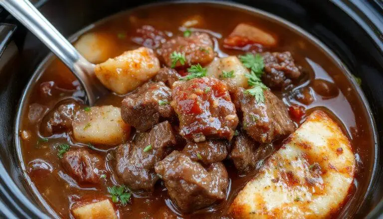 A hearty bowl of Crockpot beef stew filled with tender beef chunks, carrots, potatoes, and peas, garnished with fresh herbs, served on a rustic wooden table with a spoon resting nearby.