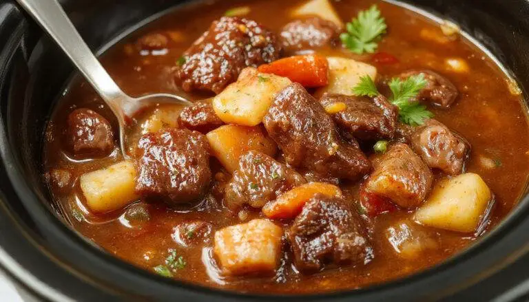 A steaming bowl of hearty beef stew featuring tender chunks of beef, orange carrots, and potatoes immersed in a rich, thick gravy, garnished with fresh herbs, served on a rustic wooden table with a side of crusty bread.