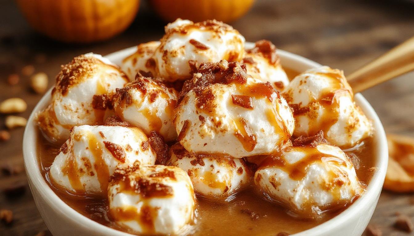 A close-up of a glass mug filled with rich, dark coffee topped with a generous swirl of marshmallow and a dusting of cinnamon, set against a cozy fall backdrop with pumpkins and autumn leaves. The syrup bottle sits nearby, showing a thick, caramel-colored liquid inside.