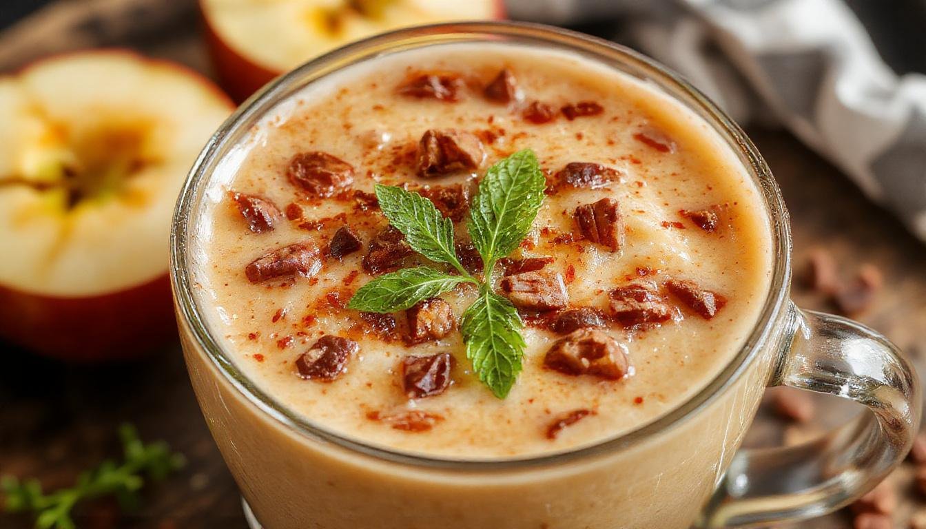 A steaming cup of cozy apple chai latte with a sprinkle of cinnamon on top, garnished with a cinnamon stick and slices of fresh apple, served on a rustic wooden table with a blurred fall-themed background.
