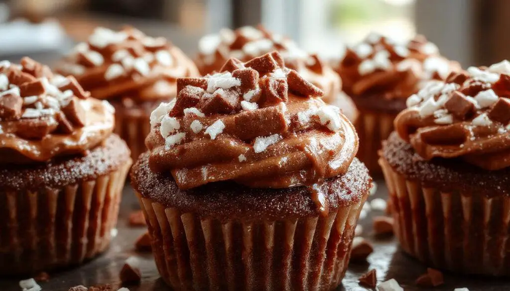Close-up of moist, chocolatey cupcakes topped with a swirl of glossy marshmallow frosting, sprinkled with cocoa powder, presented on a rustic wooden surface with a spoon and cocoa powder in the background