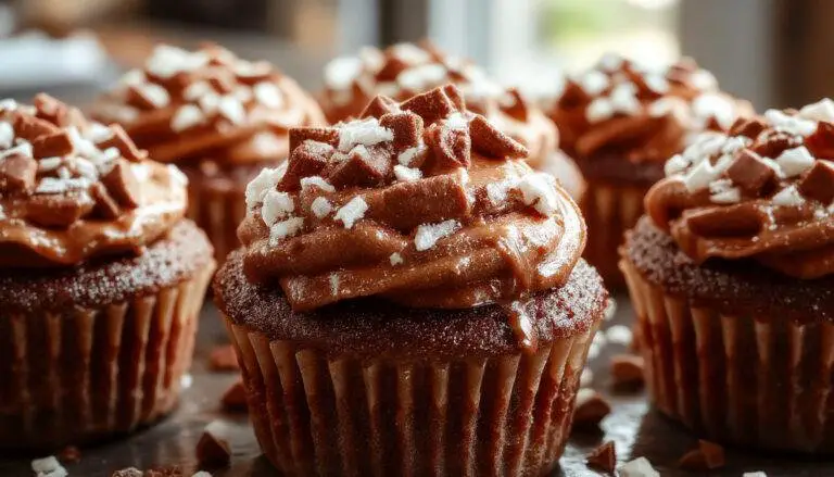 Close-up of moist, chocolatey cupcakes topped with a swirl of glossy marshmallow frosting, sprinkled with cocoa powder, presented on a rustic wooden surface with a spoon and cocoa powder in the background