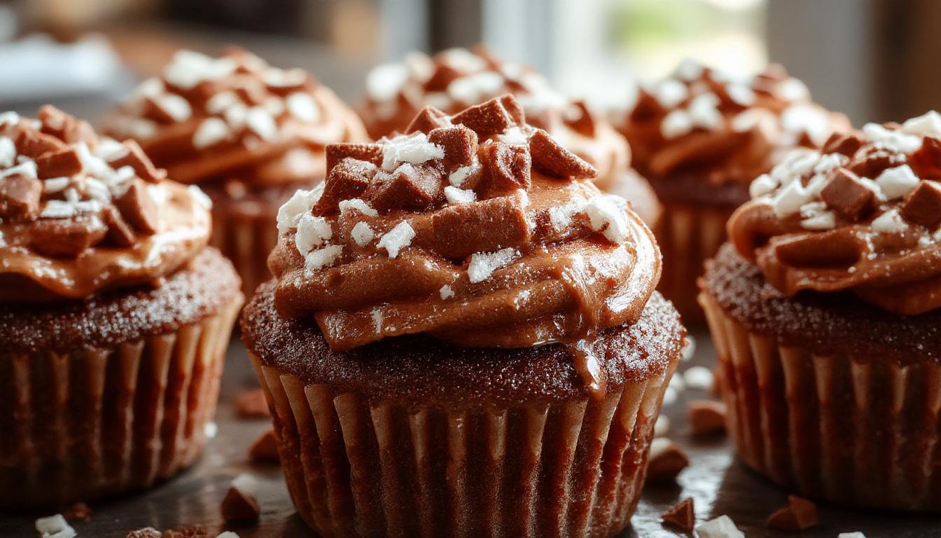 Close-up of moist, chocolatey cupcakes topped with a swirl of glossy marshmallow frosting, sprinkled with cocoa powder, presented on a rustic wooden surface with a spoon and cocoa powder in the background
