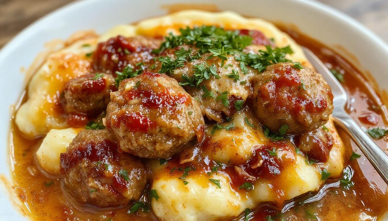 A close-up of a golden-brown casserole dish filled with evenly arranged meatballs topped with a creamy layer of mashed potatoes, garnished with freshly chopped herbs. The dish showcases a crispy crust on top with hints of browned meatballs beneath, and steam gently rising from the surface.