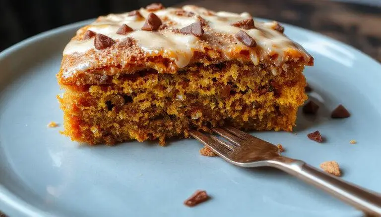 A slice of vegan pumpkin spice cake on a rustic white plate, topped with whipped coconut cream and a sprinkle of cinnamon. The cake has an orange-tinted spiced crumb with visible flecks of pumpkin and spices, set against a fall-themed wooden table with autumn leaves in the background. The lighting emphasizes the moist texture and warm, inviting colors of the dessert.