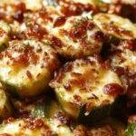 A close-up of golden-brown, crispy baked zucchini slices topped with shredded Parmesan cheese, arranged neatly on a white plate with a sprinkle of fresh herbs and a crispy breadcrumb coating, showcasing their crunchy texture and cheesy topping.