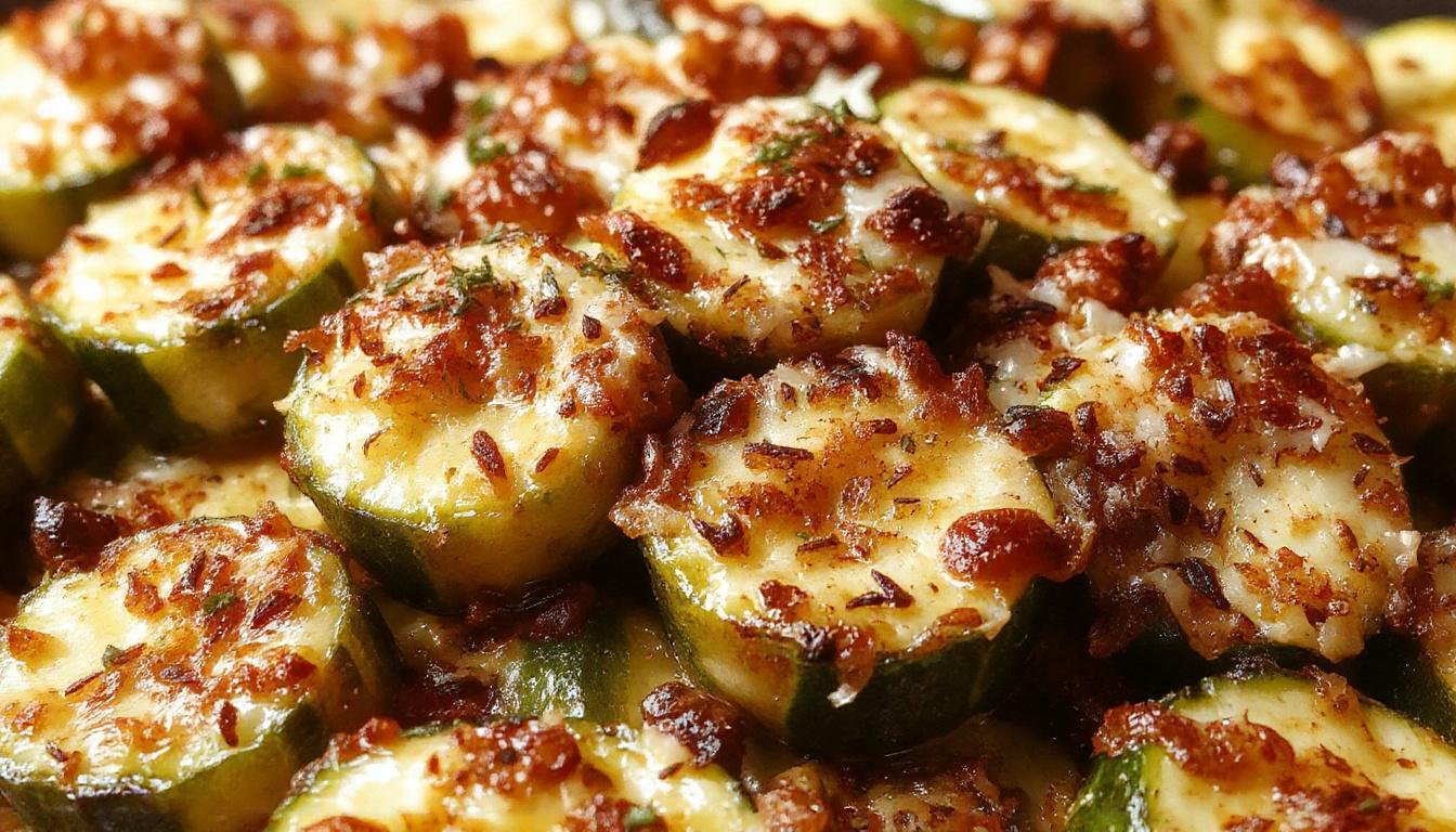 A close-up of golden-brown, crispy baked zucchini slices topped with shredded Parmesan cheese, arranged neatly on a white plate with a sprinkle of fresh herbs and a crispy breadcrumb coating, showcasing their crunchy texture and cheesy topping.