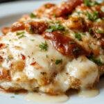 A golden-brown crispy chicken breast topped with melted cheese and marinara sauce, garnished with fresh basil, served on a white plate against a rustic wooden background.