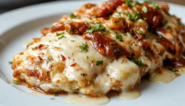 A golden-brown crispy chicken breast topped with melted cheese and marinara sauce, garnished with fresh basil, served on a white plate against a rustic wooden background.
