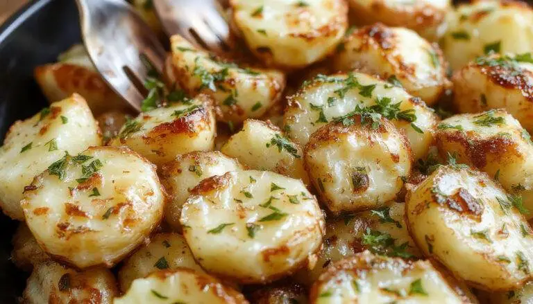 A close-up of golden-brown crispy smashed potatoes topped with finely chopped parsley and garlic, arranged on a rustic white plate with a rustic wooden background, highlighting their crispy edges and soft interior.