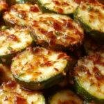 A golden-brown crispy baked zucchini slices topped with grated Parmesan cheese, arranged neatly on a white plate. The zucchini is evenly coated with a crunchy breadcrumb mixture, with some pieces slightly curled and slightly glossy from the baking process. The background features a rustic wooden table with fresh green zucchini and a scattering of extra Parmesan shavings.