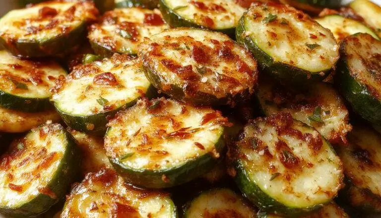 A golden-brown crispy baked zucchini slices topped with grated Parmesan cheese, arranged neatly on a white plate. The zucchini is evenly coated with a crunchy breadcrumb mixture, with some pieces slightly curled and slightly glossy from the baking process. The background features a rustic wooden table with fresh green zucchini and a scattering of extra Parmesan shavings.