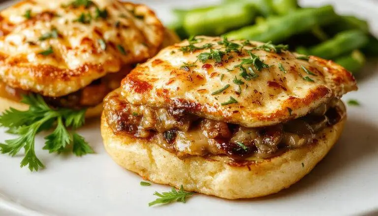 Une tranche de Croque-Monsieur Gourmand aux Champignons de Paris présentée sur une assiette blanche, avec une croûte dorée et croustillante, garnie de champignons de Paris sautés et fondue fromagère visible à l'intérieur, décorée de quelques feuilles de persil frais.