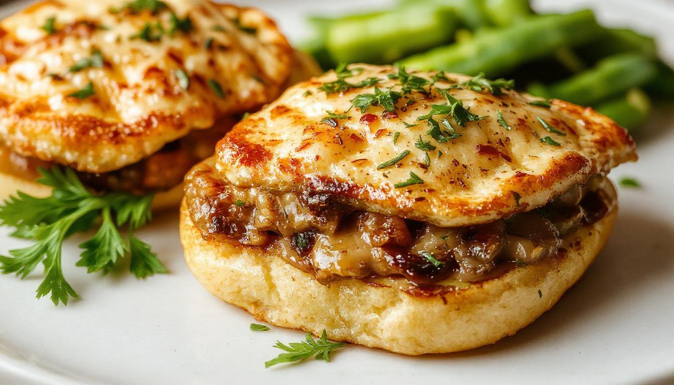 Une tranche de Croque-Monsieur Gourmand aux Champignons de Paris présentée sur une assiette blanche, avec une croûte dorée et croustillante, garnie de champignons de Paris sautés et fondue fromagère visible à l'intérieur, décorée de quelques feuilles de persil frais.