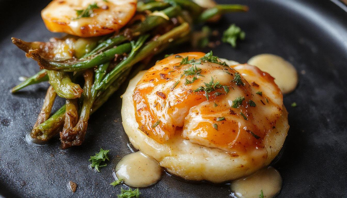 Une tranche de croque norvégien croustillante avec une garniture de saumon fumé rose pâle, herbes d'aneth vert vif, et fromage doré fondu, présentée sur une assiette blanche avec une touche de verdure en arrière-plan.