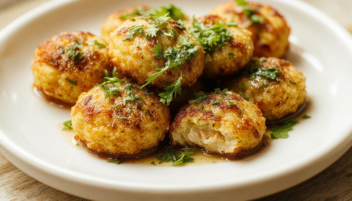 Une assiette élégante contenant des croquettes de thon dorées à la perfection, garnies d'herbes fraîches vert vif, présentées sur un fond neutre avec une légère touche de verdure. La texture croustillante des croquettes contraste avec leur intérieur moelleux visible par la coupure, évoquant un plat appétissant et sophistiqué.