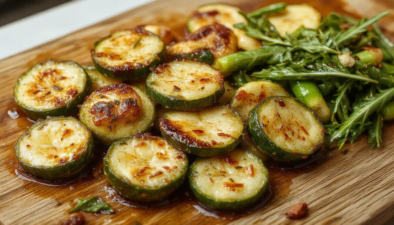 Assiette de croustillants de courgettes dorés et croquants, garnis de fromage fondu qui déborde, présentés sur une nappe blanche avec des herbes fraîches en décoration.