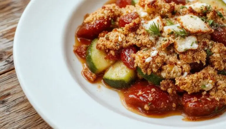 Un crumble salé avec une couche dorée et croustillante, garni de tomates cerises rouges, fines tranches de courgettes vertes et des accents de parmesan râpé, présenté dans un plat rustique sur une table chaleureuse.