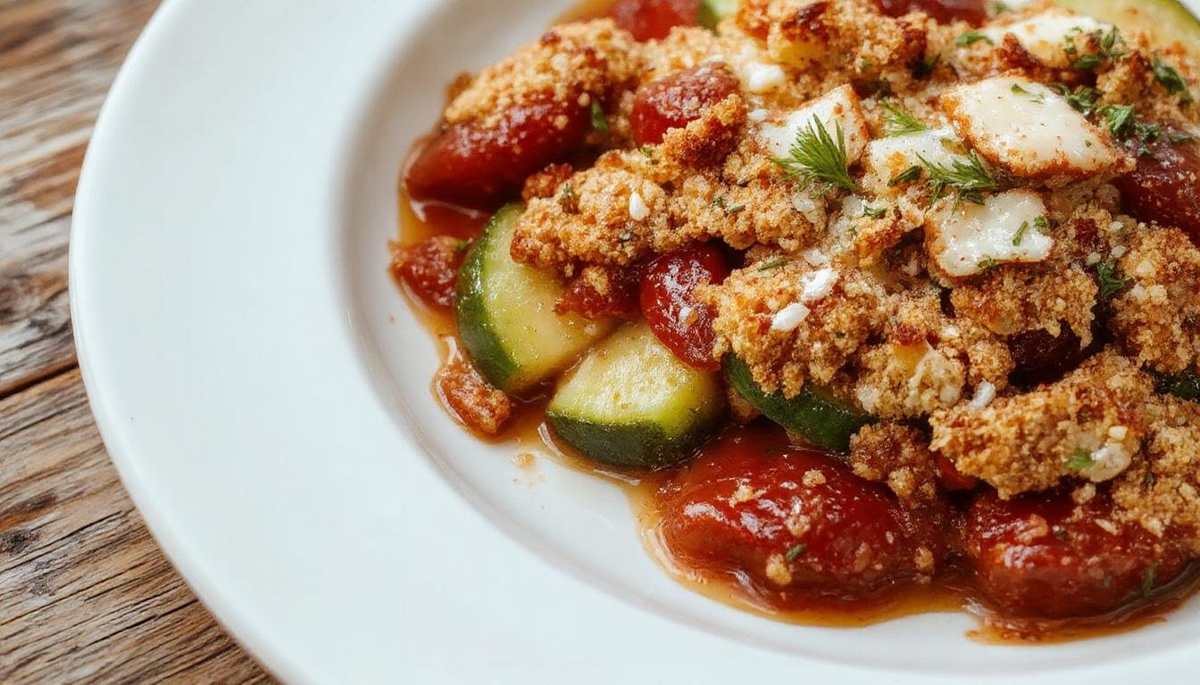 Un crumble salé avec une couche dorée et croustillante, garni de tomates cerises rouges, fines tranches de courgettes vertes et des accents de parmesan râpé, présenté dans un plat rustique sur une table chaleureuse.