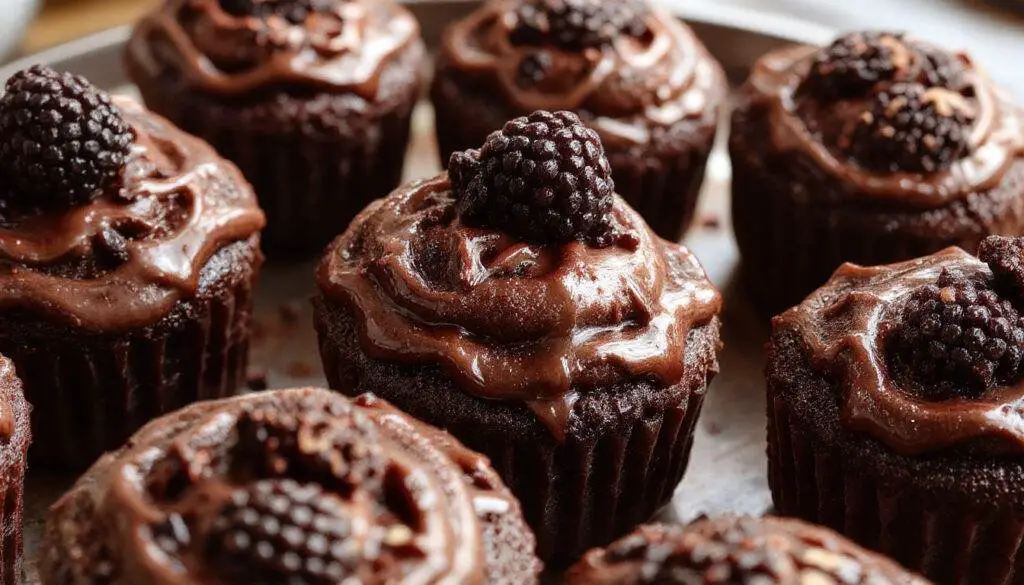 A close-up of a elegantly decorated dark chocolate blackberry cupcake with a glossy blackberries topping, nestled in a gold foil wrapper. The cupcake has a rich, dark chocolate crumb with a smooth chocolate frosting, garnished with fresh blackberries and a light dusting of powdered sugar. The background features a rustic wooden surface with scattered blackberries for a staged, enticing presentation.