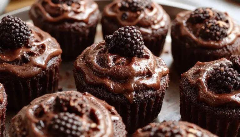 A close-up of a elegantly decorated dark chocolate blackberry cupcake with a glossy blackberries topping, nestled in a gold foil wrapper. The cupcake has a rich, dark chocolate crumb with a smooth chocolate frosting, garnished with fresh blackberries and a light dusting of powdered sugar. The background features a rustic wooden surface with scattered blackberries for a staged, enticing presentation.
