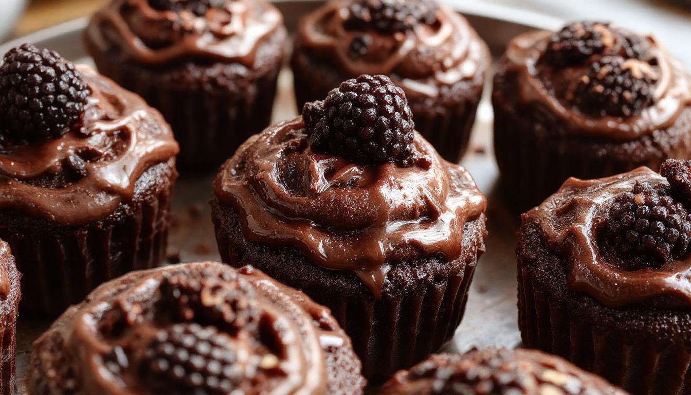 A close-up of a elegantly decorated dark chocolate blackberry cupcake with a glossy blackberries topping, nestled in a gold foil wrapper. The cupcake has a rich, dark chocolate crumb with a smooth chocolate frosting, garnished with fresh blackberries and a light dusting of powdered sugar. The background features a rustic wooden surface with scattered blackberries for a staged, enticing presentation.