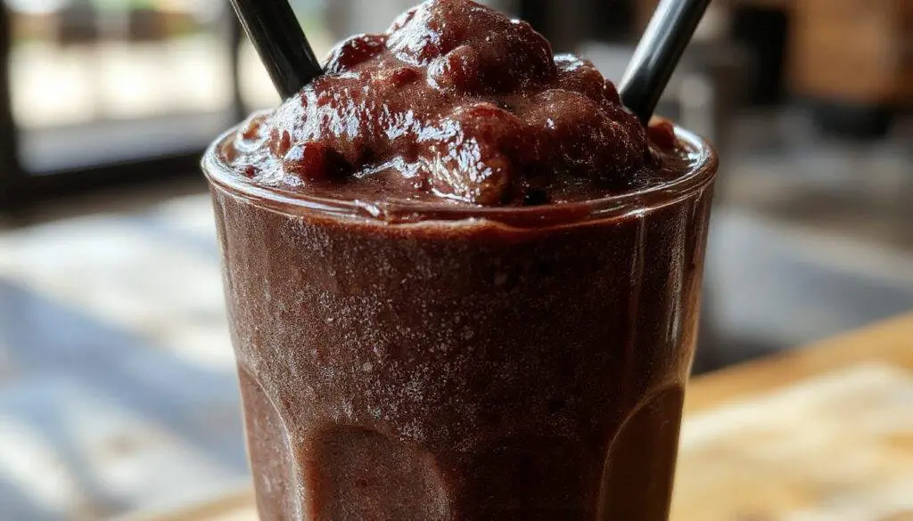 A tall glass filled with a rich, dark black milkshake topped with a swirl of whipped cream and a cherry, garnished with chocolate shavings. The glass has a frosted appearance, and the drink's velvety texture is visible beneath the topping. In the background, a spoon and a straw are placed on a rustic wooden table, emphasizing indulgence and decadence.