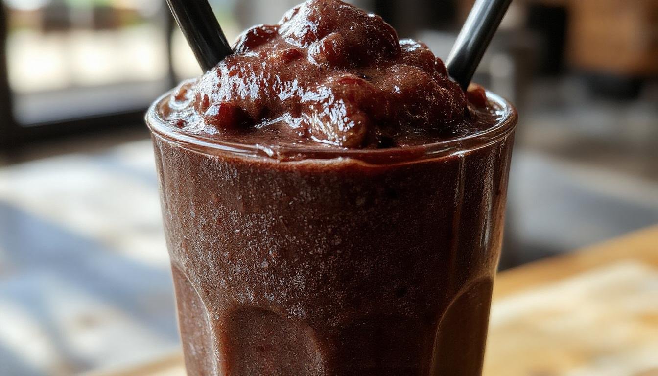 A tall glass filled with a rich, dark black milkshake topped with a swirl of whipped cream and a cherry, garnished with chocolate shavings. The glass has a frosted appearance, and the drink's velvety texture is visible beneath the topping. In the background, a spoon and a straw are placed on a rustic wooden table, emphasizing indulgence and decadence.