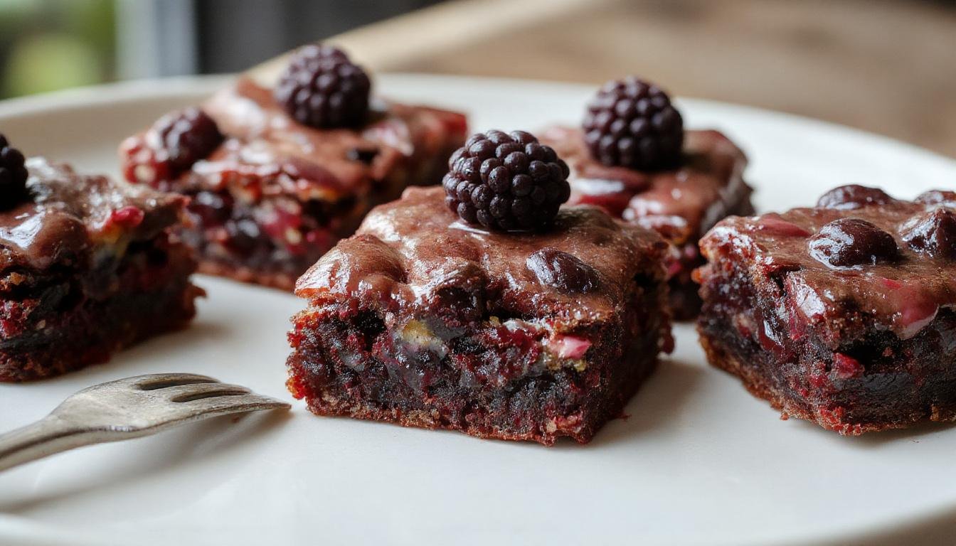A close-up of decadent blackberry cheesecake brownies cut into squares, revealing a layered texture with a dark chocolate brownie base, creamy cheesecake swirls, and ripe blackberries topping the surface, with a glossy berry glaze highlighting the fruity topping