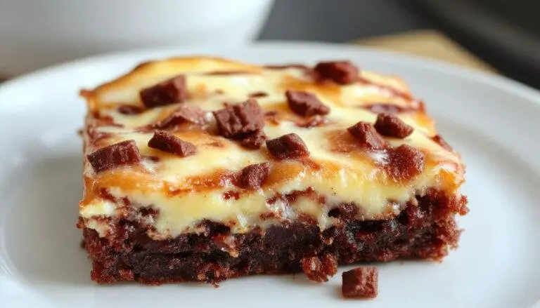A close-up of a sliced cheesecake brownie showcasing its swirl of creamy cheesecake topping atop rich, fudgy chocolate brownie layers. The dessert is set on a rustic wooden board, with a dollop of whipped cream and a few chocolate shavings for garnish, capturing the glossy, fudgy texture and creamy swirls.