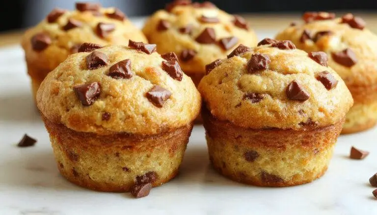 Golden-brown banana muffins studded with semi-sweet chocolate chips, topped with a slight glaze, arranged in a directly-viewable bakery display with some muffins slightly tilted to showcase the moist crumb inside.