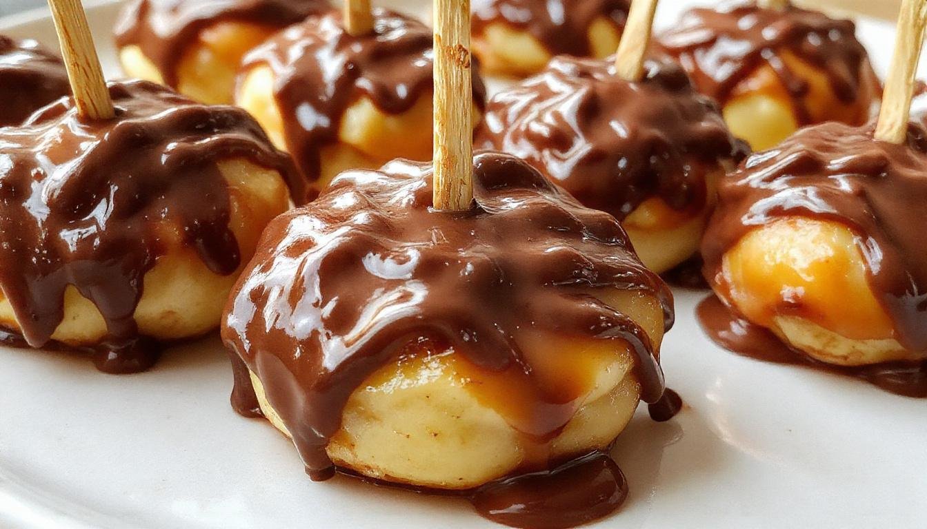 A close-up of multiple caramel apple slices dipped in glossy dark chocolate, arranged on a rustic wooden platter. The vibrant red apple slices are generously coated with smooth, shiny chocolate, with streaks of caramel visible on some edges. The rich contrast between the golden caramel and dark chocolate creates an inviting, indulgent appearance. In the background, blurred autumnal elements evoke a cozy fall atmosphere.
