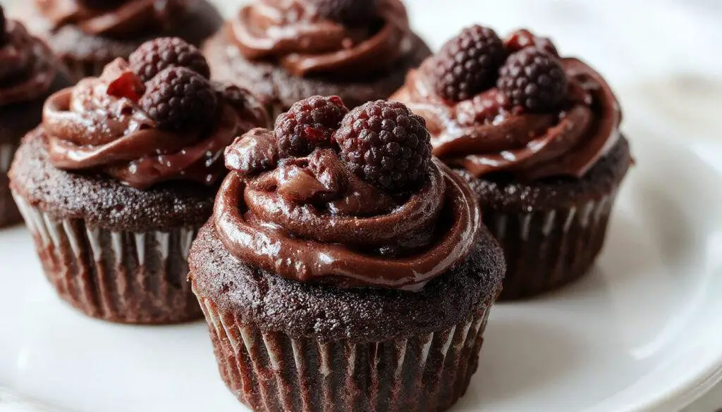 A close-up of four decadent dark chocolate blackberry cupcakes arranged on a rustic wooden plate. The cupcakes have rich, glossy chocolate frosting topped with fresh, plump blackberries and a sprig of mint. The dark chocolate contrasts beautifully with the vibrant purple-black berries, and the textured frosting adds appeal. The background features a blurred, cozy kitchen setting with a sprinkle of cocoa powder and scattered blackberries nearby.