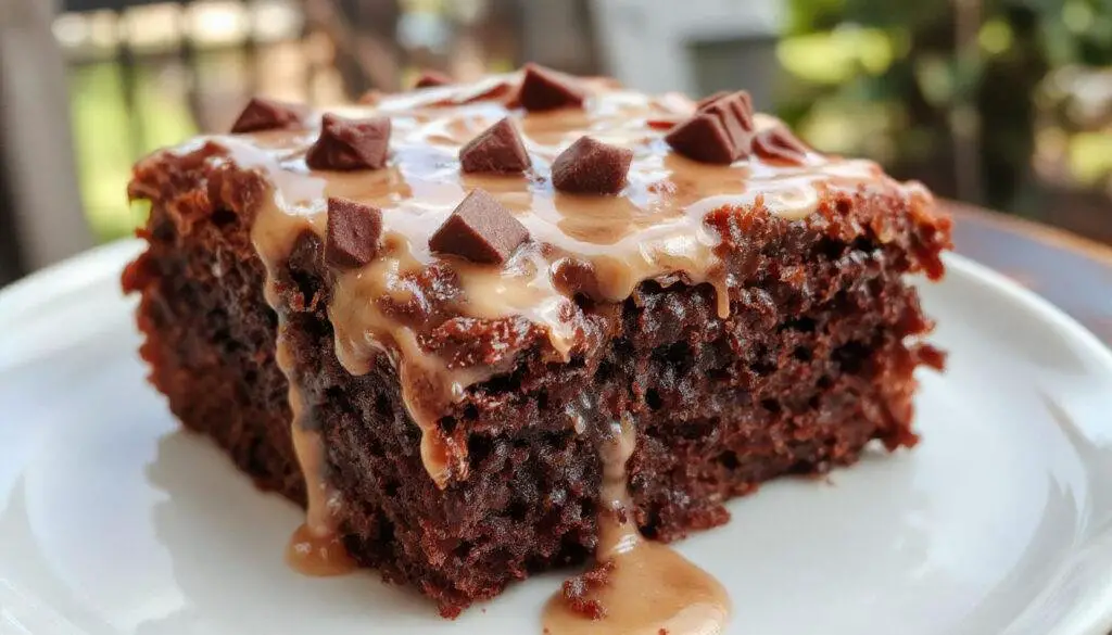 A decadent slice of Death by Chocolate Cake on a white plate, showcasing multiple layers of moist, dark chocolate cake and creamy chocolate frosting topped with chocolate shavings and a cherry. The cake's rich texture and glossy finish highlight its indulgent nature, set against a dark background with subtle lighting to emphasize the luscious details.