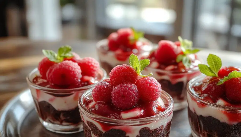 A close-up of elegant mini black forest dessert cups, featuring layered dark chocolate sponge cake, whipped cream, and vibrant cherry toppings, garnished with chocolate shavings and fresh cherries, presented in small clear glass cups with a decorative drizzle of chocolate sauce.