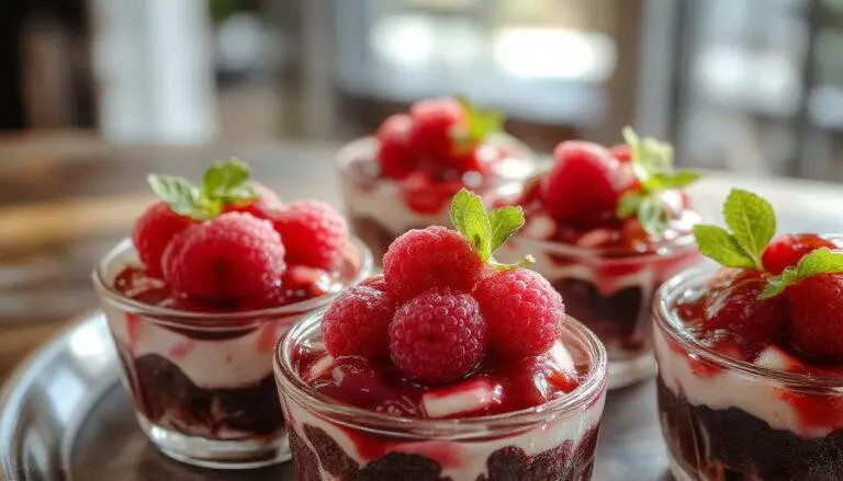 A close-up of elegant mini black forest dessert cups, featuring layered dark chocolate sponge cake, whipped cream, and vibrant cherry toppings, garnished with chocolate shavings and fresh cherries, presented in small clear glass cups with a decorative drizzle of chocolate sauce.