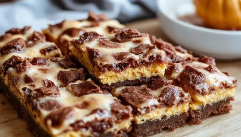 A rich, fudgy brownie square topped with a swirl of creamy pumpkin cheesecake, garnished with a light dusting of cinnamon. The brownies are cut into neat squares, showcasing the marbled topping and moist interior, set on a rustic wooden platter with autumn leaves in the background.
