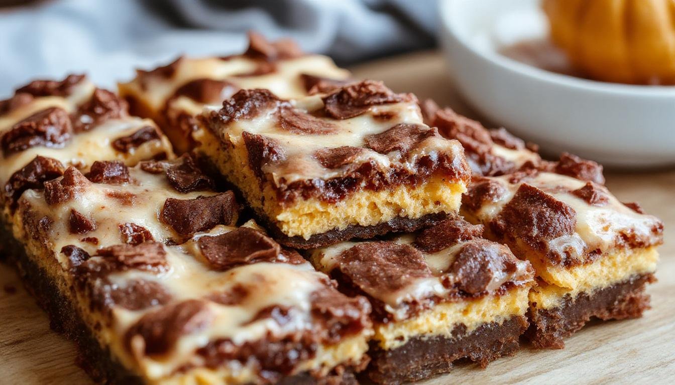 A rich, fudgy brownie square topped with a swirl of creamy pumpkin cheesecake, garnished with a light dusting of cinnamon. The brownies are cut into neat squares, showcasing the marbled topping and moist interior, set on a rustic wooden platter with autumn leaves in the background.
