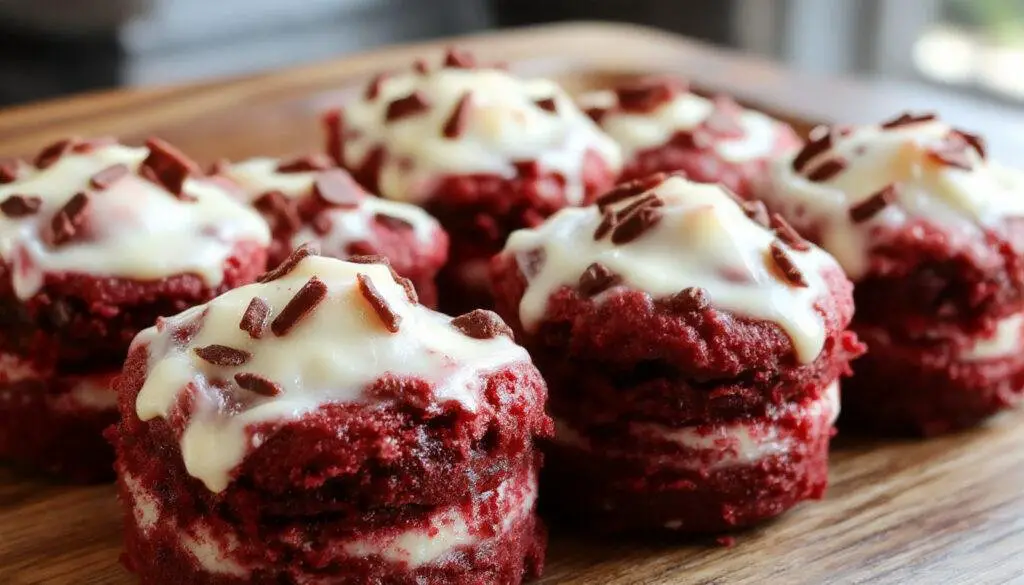 Close-up of bite-sized red velvet cheesecake brownies arranged on a white plate. The brownies have a deep red, velvety top layer with creamy white cheesecake swirls visible. The surface is glossy with a few cracks, and a hint of powdered sugar dusting adds contrast. The background is softly blurred, highlighting the rich textures and vibrant colors of the desserts.