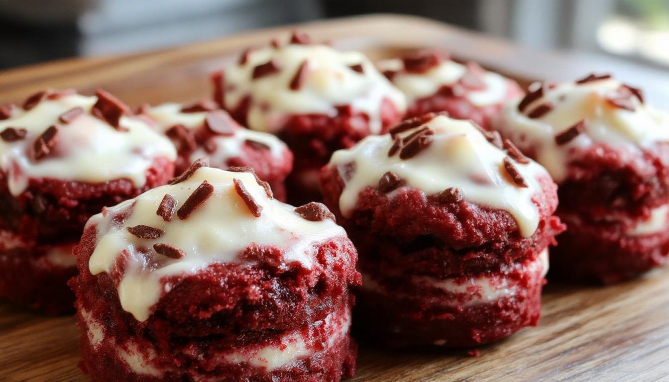 Close-up of bite-sized red velvet cheesecake brownies arranged on a white plate. The brownies have a deep red, velvety top layer with creamy white cheesecake swirls visible. The surface is glossy with a few cracks, and a hint of powdered sugar dusting adds contrast. The background is softly blurred, highlighting the rich textures and vibrant colors of the desserts.