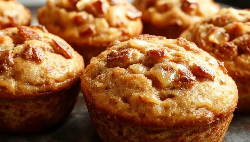 A close-up of freshly baked applesauce muffins arranged on a rustic wooden platter, golden-brown tops with a slight crack, garnished with a sprinkle of cinnamon, with soft natural light highlighting their moist texture and inviting appearance.