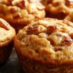 A close-up of freshly baked applesauce muffins arranged on a rustic wooden platter, golden-brown tops with a slight crack, garnished with a sprinkle of cinnamon, with soft natural light highlighting their moist texture and inviting appearance.
