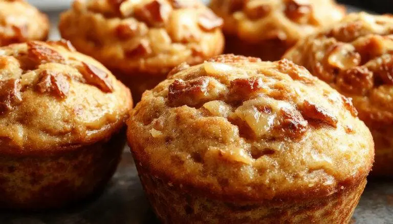 A close-up of freshly baked applesauce muffins arranged on a rustic wooden platter, golden-brown tops with a slight crack, garnished with a sprinkle of cinnamon, with soft natural light highlighting their moist texture and inviting appearance.