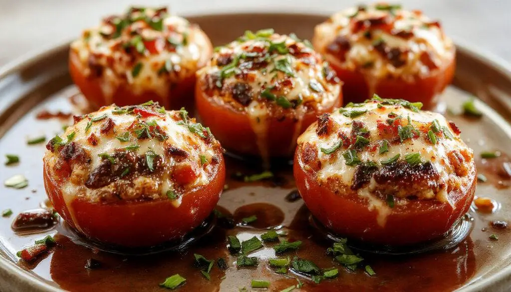 Close-up of baked stuffed tomatoes garnished with herbs, showcasing a vibrant and appetizing Mediterranean dish