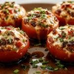 Close-up of baked stuffed tomatoes garnished with herbs, showcasing a vibrant and appetizing Mediterranean dish