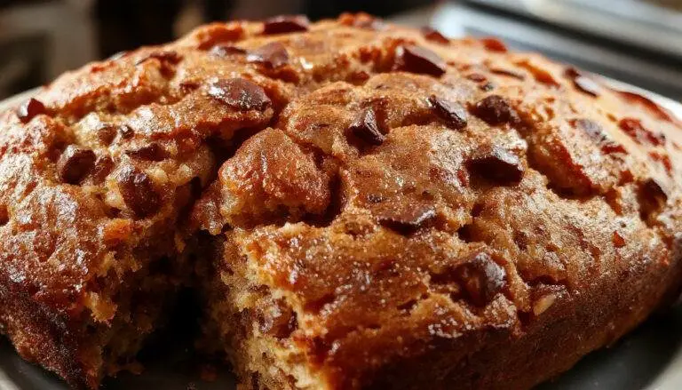 A slice of golden-brown gluten-free banana bread on a white plate, with a slightly cracked top revealing moist interior flecked with banana slices. The bread is garnished with a sprig of fresh mint and a dusting of powdered sugar, set against a rustic wooden background with a light drizzle of honey on the side.