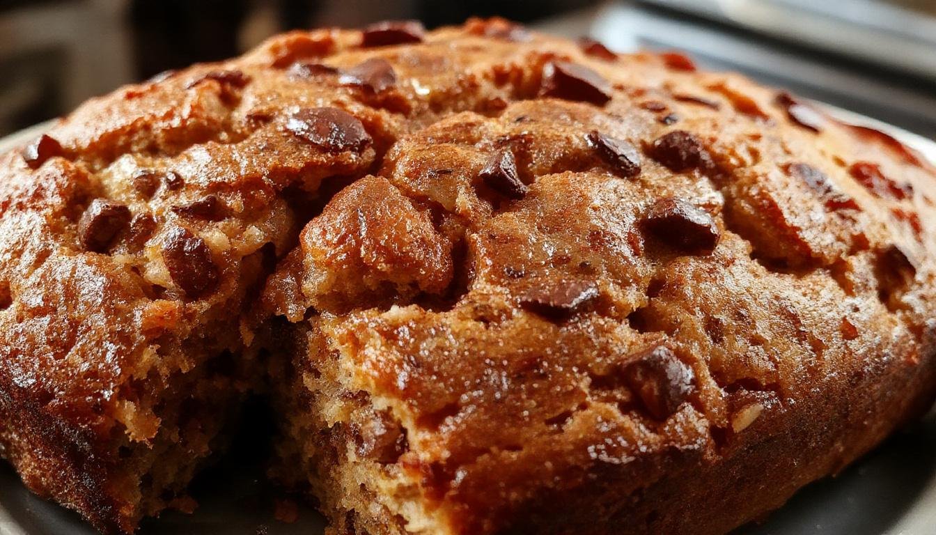 A slice of golden-brown gluten-free banana bread on a white plate, with a slightly cracked top revealing moist interior flecked with banana slices. The bread is garnished with a sprig of fresh mint and a dusting of powdered sugar, set against a rustic wooden background with a light drizzle of honey on the side.