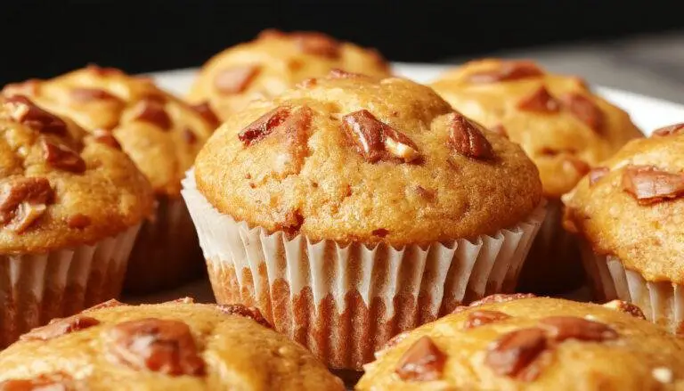 A close-up of golden-brown gluten-free pumpkin muffins topped with a light dusting of powdered sugar, arranged in a rustic basket on a wooden table, with a sprig of fresh cinnamon sticks and pumpkin seeds nearby. The muffins have a moist, spongy texture with visible specks of pumpkin and a slightly cracked top.