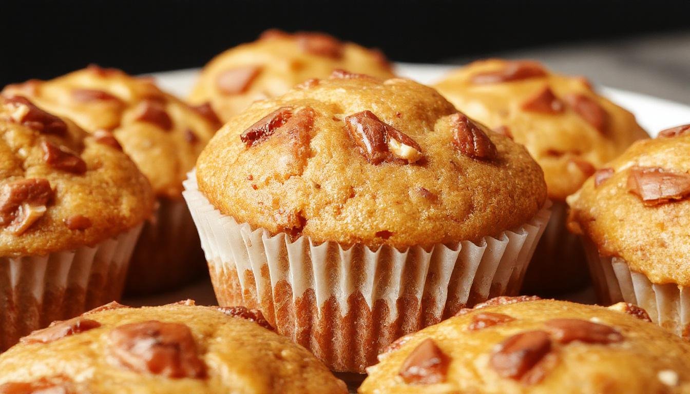 A close-up of golden-brown gluten-free pumpkin muffins topped with a light dusting of powdered sugar, arranged in a rustic basket on a wooden table, with a sprig of fresh cinnamon sticks and pumpkin seeds nearby. The muffins have a moist, spongy texture with visible specks of pumpkin and a slightly cracked top.
